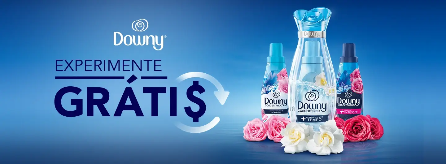 Experimente Grátis Downy: compre um amaciante Downy, cadastre o cupom fiscal no site e ganhe até 50 reais de volta.