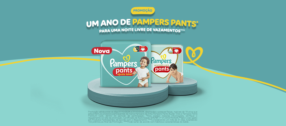 Imagem informativa da promoção 1 ano de Pampers Pants, contendo um Pacote de fralda Pampers Pants ajuste total, outro de Pampers Premium Care Pants. Abaixo, temos o texto legal com sugestão de consulta no regulamento da promoção.