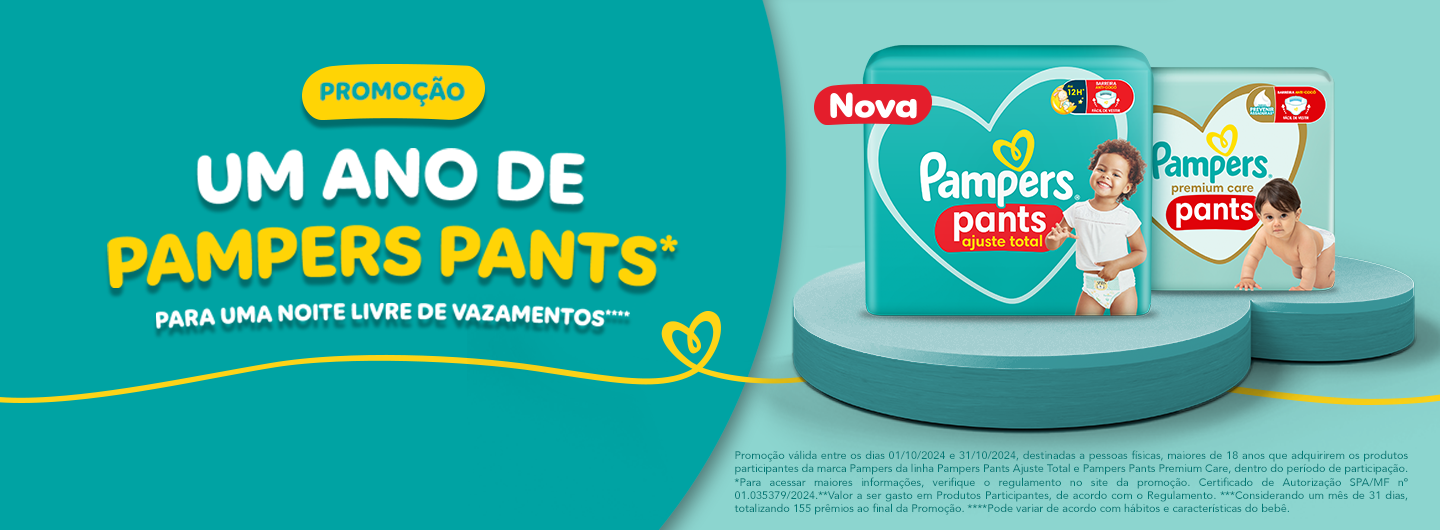 Imagem informativa da promoção 1 ano de Pampers Pants, contendo um Pacote de fralda Pampers Pants ajuste total, outro de Pampers Premium Care Pants. Abaixo, temos o texto legal com sugestão de consulta no regulamento da promoção.