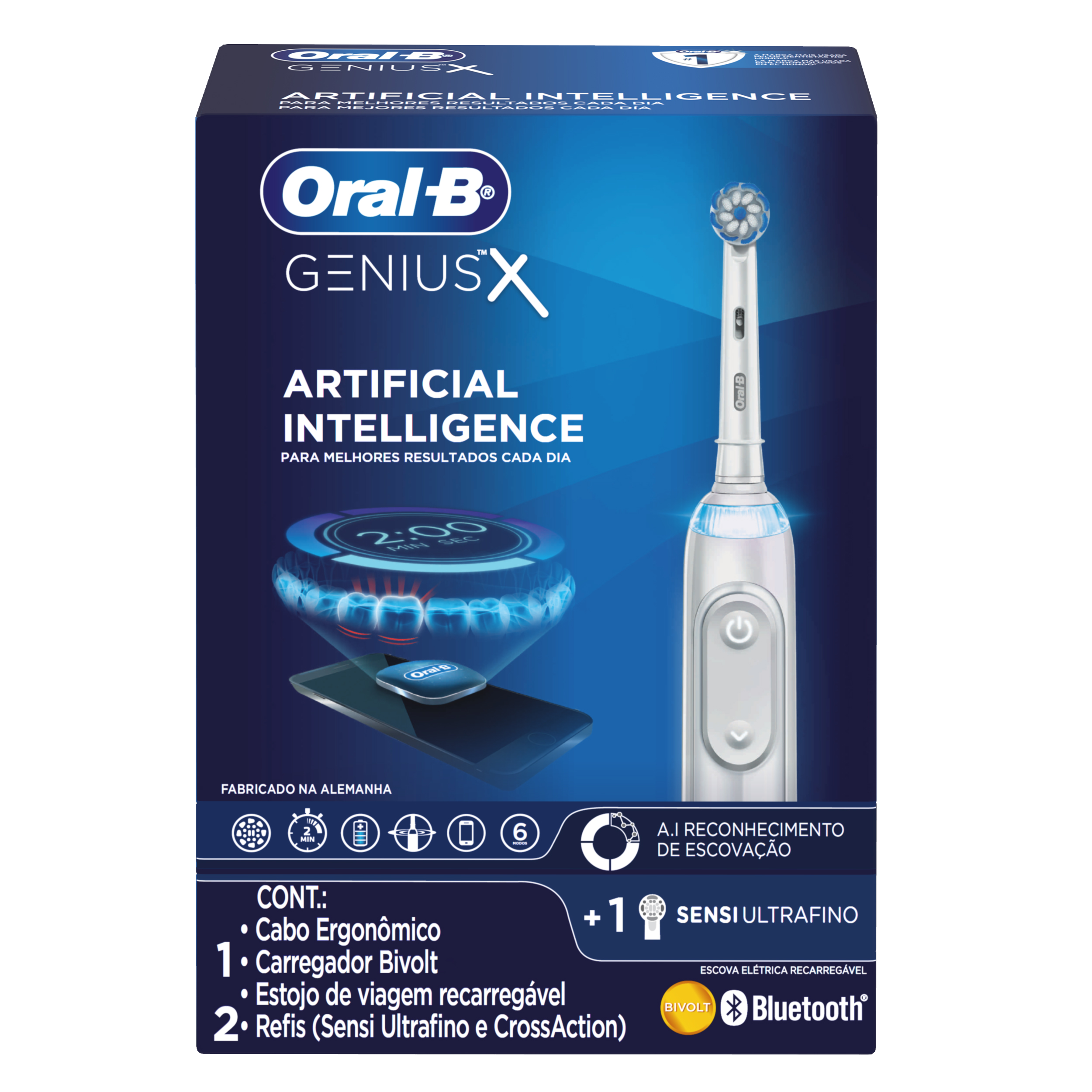 Escova Elétrica Recarregável Oral-B Genius X Bivolt + 2 Refis Sensi Ultrafino e CrossAction